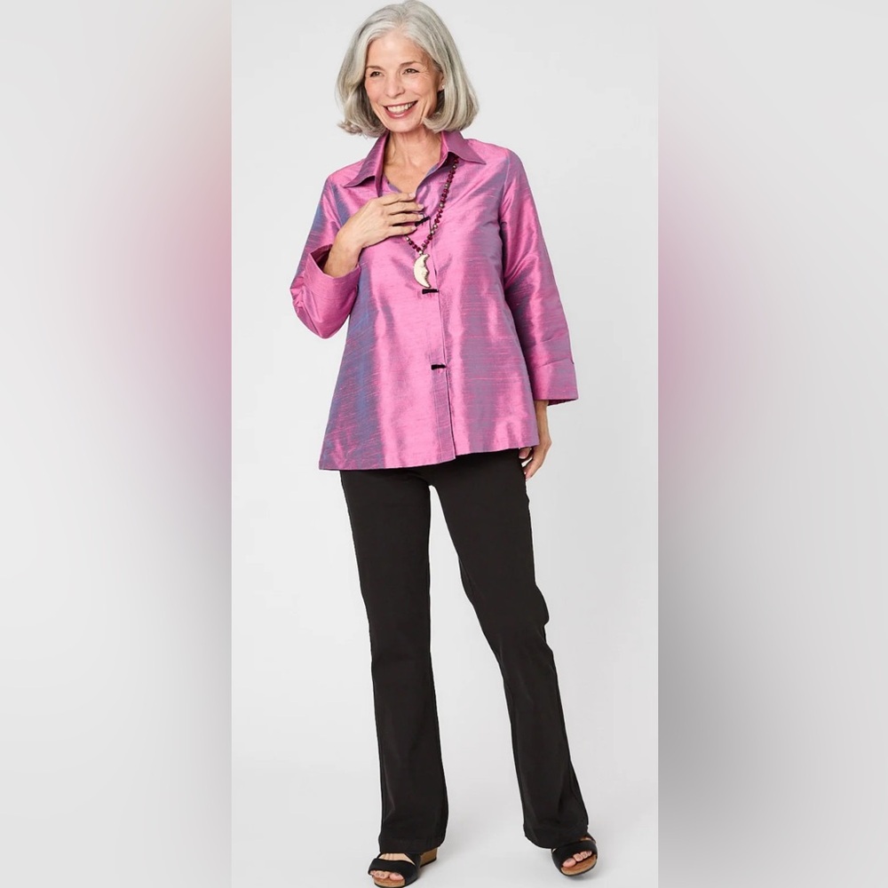 Una Cocktail Blouse/Jacket Pink Iridescent 100%  Silk A Line Horn Buttons EUC M